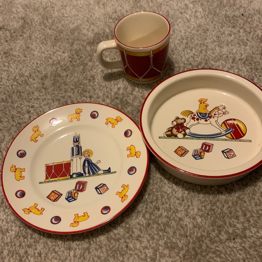Tiffany and Co, Masons of England baby dish, baby plate, shallow plate and mug.